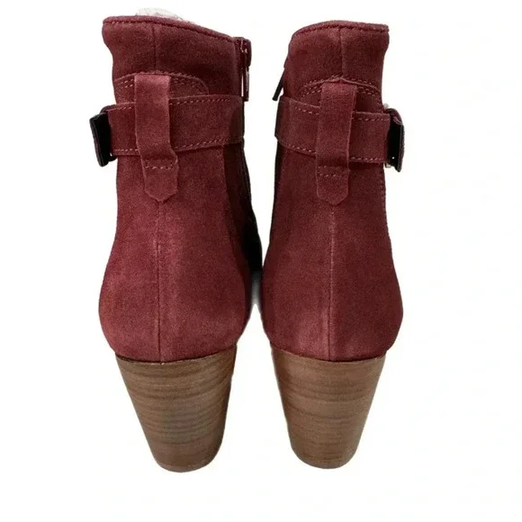New Stitch Fix Sleek Bootie Burgundy Suede Leather Gold Buckle Heeled Boots - Picture 8 of 9